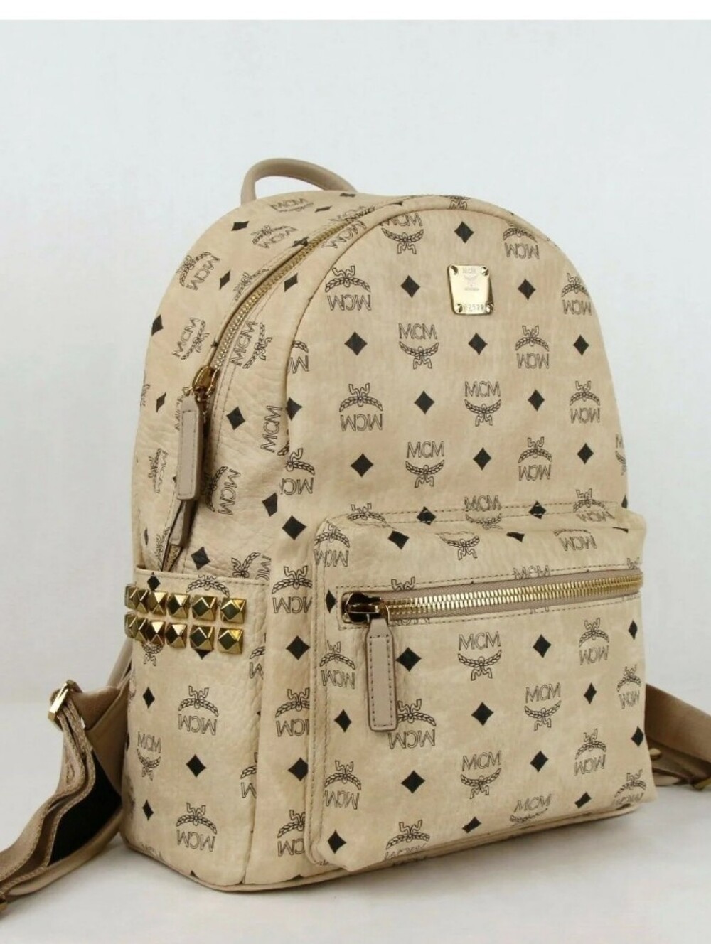 MCM Beige Visetos Side Studs Stark Medium Backpack with Black Logo Print